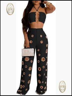 Polyester and Spandex Hollow Out 2 Piece Jumpsuit Bodycon Outfit